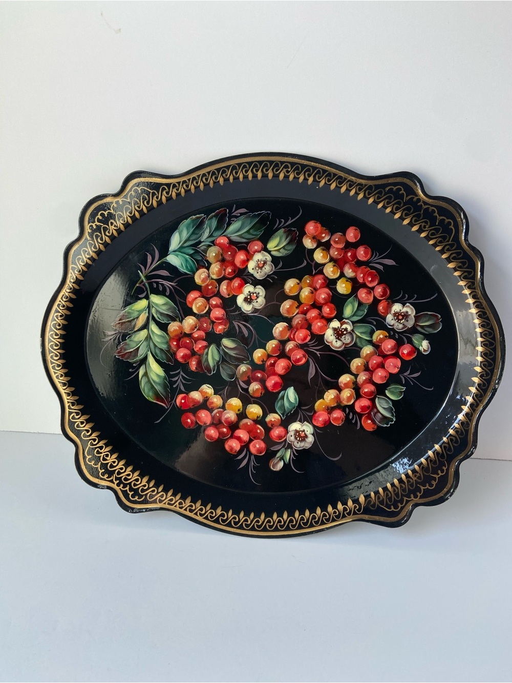 Black Hand Painted Russian Toleware Metal Tray 12”x10” Berries Leaves Gold Trim